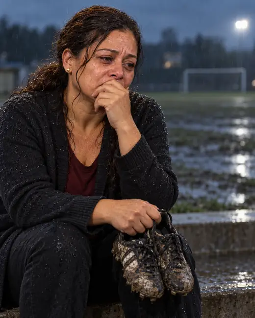 Mãe sozinha num campinho alagado, na chuva, com a mão na boca e a chuteira enlameada da filha na mão